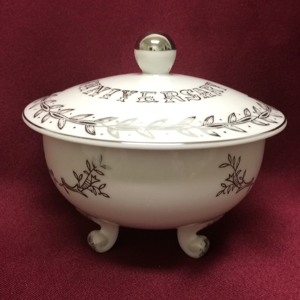 Lefton 2604 Silver 25th Anniversary Candy Dish 3 Footed Bowl Lid Hand Painted